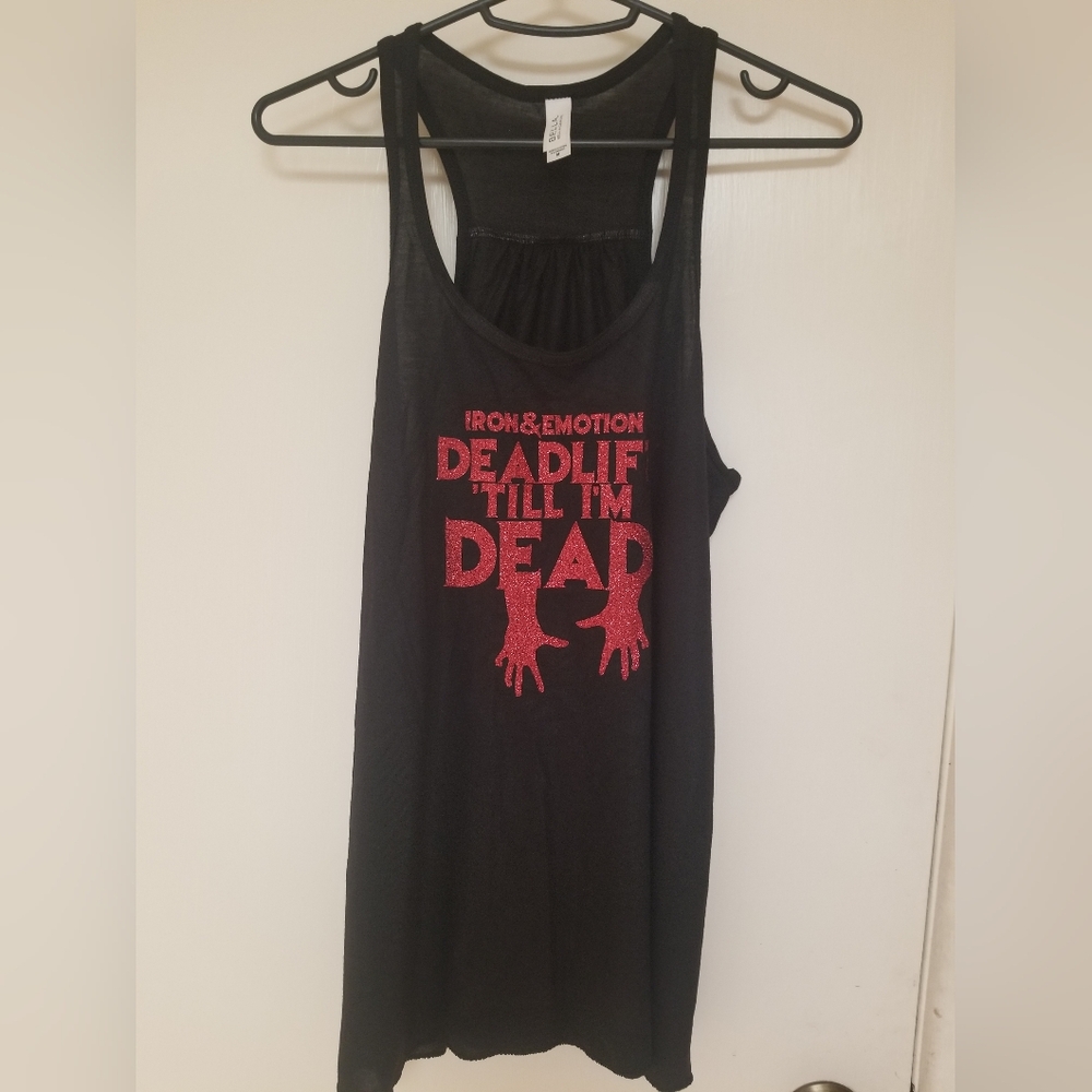 Black Iron and Emotion Deadlift 'Till I'm Dead Tank Top with Red Graphic.